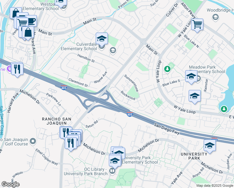 map of restaurants, bars, coffee shops, grocery stores, and more near 139 Rockwood in Irvine