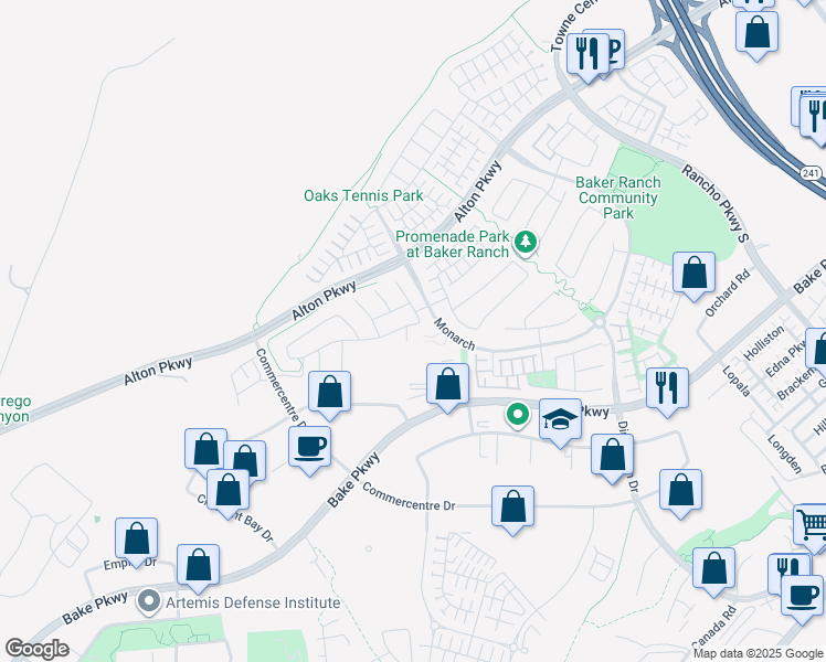 map of restaurants, bars, coffee shops, grocery stores, and more near 11 Peony in Lake Forest