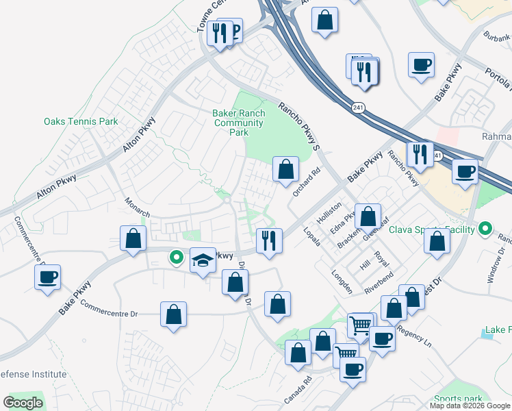 map of restaurants, bars, coffee shops, grocery stores, and more near 28 Poppy in Lake Forest