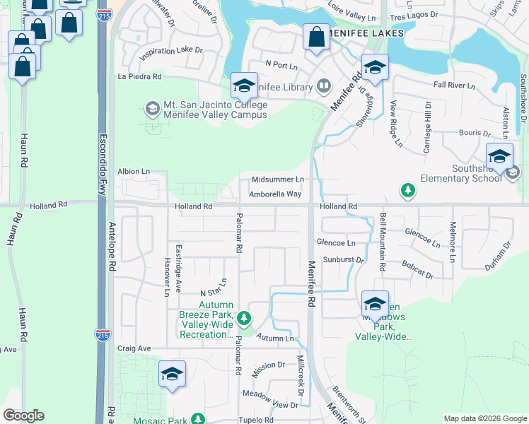 map of restaurants, bars, coffee shops, grocery stores, and more near 28592 Country Rose Lane in Menifee
