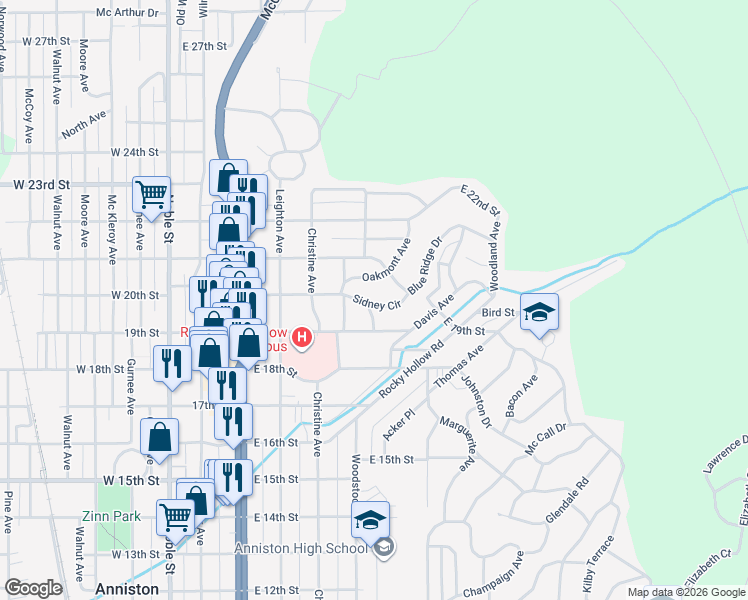 map of restaurants, bars, coffee shops, grocery stores, and more near 516 Oakmont Avenue in Anniston