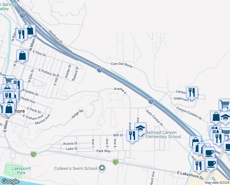 map of restaurants, bars, coffee shops, grocery stores, and more near 558 Pablo Road in Lake Elsinore