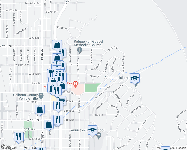 map of restaurants, bars, coffee shops, grocery stores, and more near 623 Sidney Circle in Anniston