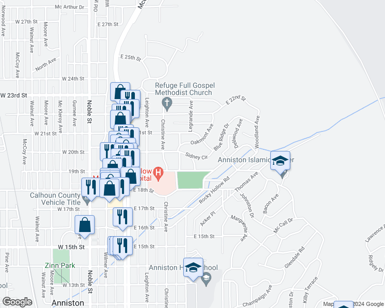 map of restaurants, bars, coffee shops, grocery stores, and more near 621 Sidney Circle in Anniston