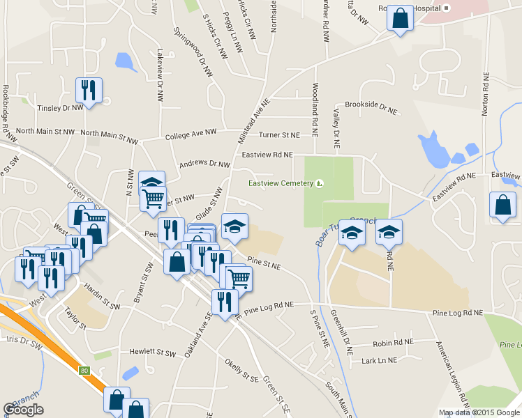 map of restaurants, bars, coffee shops, grocery stores, and more near 1025 Locust Drive Northeast in Conyers