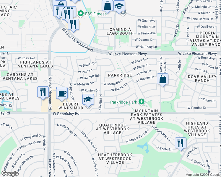 map of restaurants, bars, coffee shops, grocery stores, and more near 9817 West Mohawk Lane in Peoria