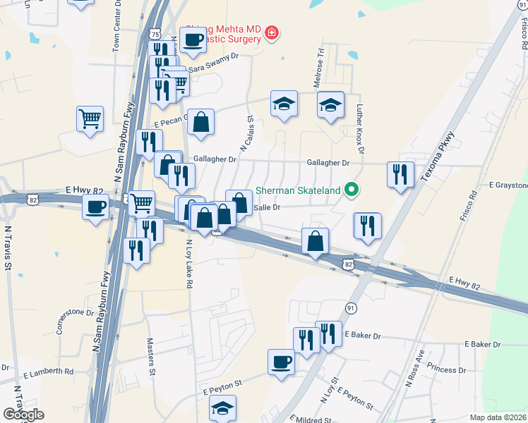 map of restaurants, bars, coffee shops, grocery stores, and more near 3102 Northpoint Road in Sherman