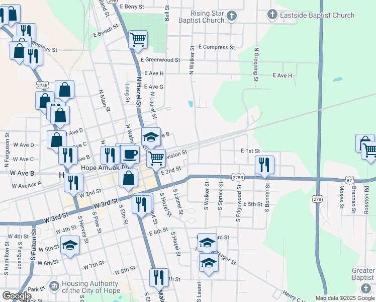 map of restaurants, bars, coffee shops, grocery stores, and more near East Division Street in Hope