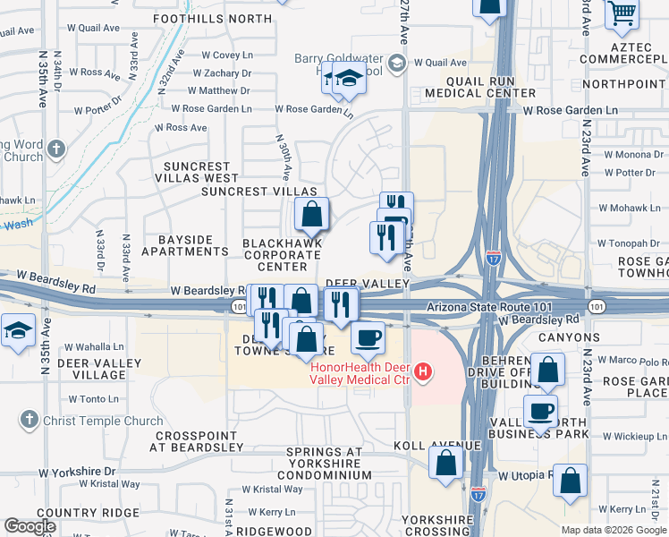 map of restaurants, bars, coffee shops, grocery stores, and more near 20221 North 29th Avenue in Phoenix