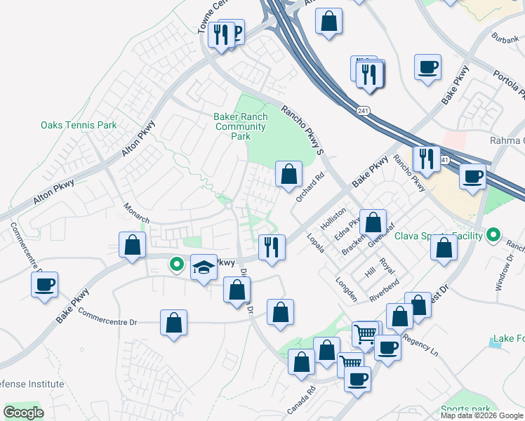 map of restaurants, bars, coffee shops, grocery stores, and more near 32 Lantana in Lake Forest