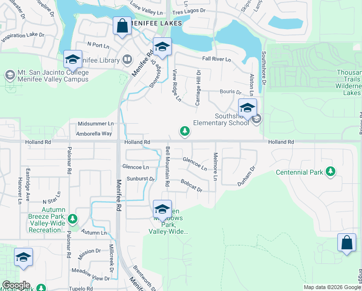 map of restaurants, bars, coffee shops, grocery stores, and more near 31060 Desert View Court in Menifee