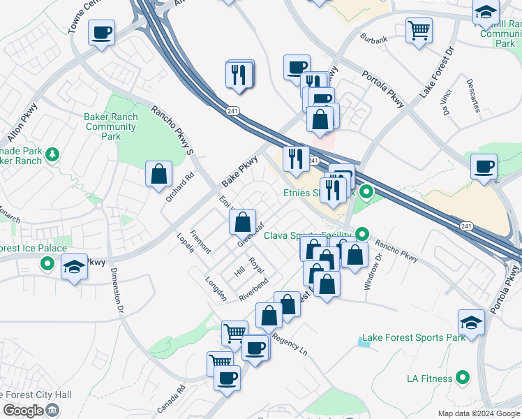 map of restaurants, bars, coffee shops, grocery stores, and more near 181 Pin Lane in Lake Forest