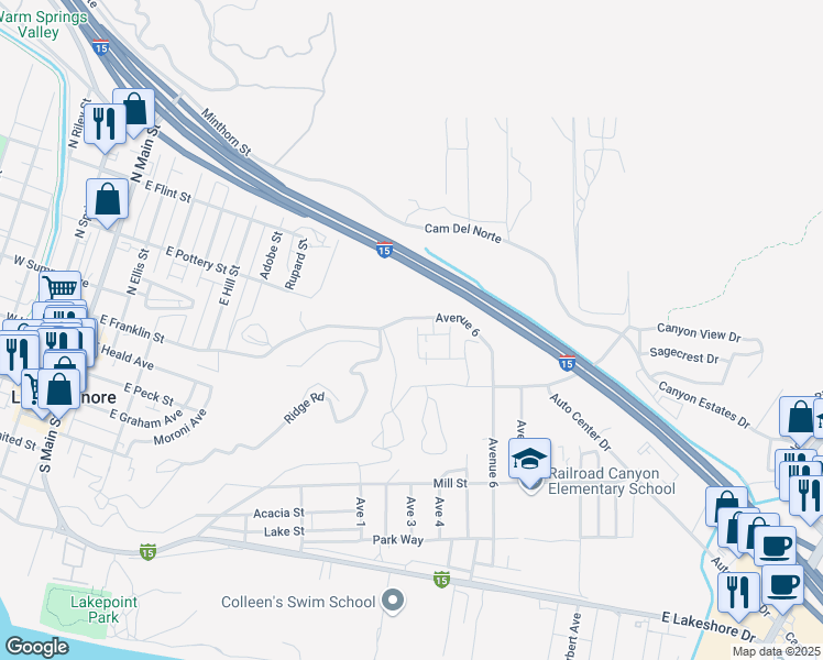 map of restaurants, bars, coffee shops, grocery stores, and more near 556 Enzo Street in Lake Elsinore