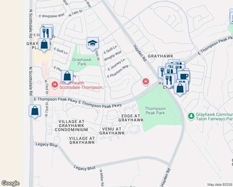 map of restaurants, bars, coffee shops, grocery stores, and more near 7734 East Tailspin Lane in Scottsdale