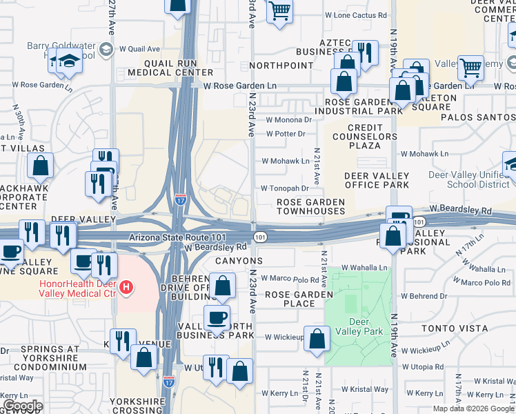 map of restaurants, bars, coffee shops, grocery stores, and more near 20277-20299 N 23rd Ave in Phoenix