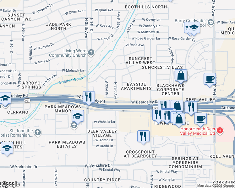 map of restaurants, bars, coffee shops, grocery stores, and more near 20230 North 33rd Avenue in Phoenix