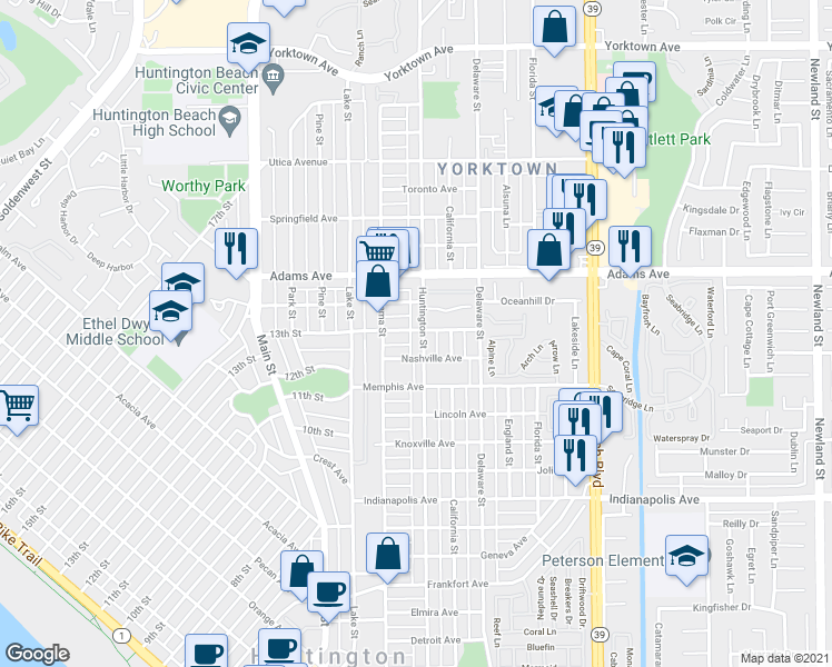 map of restaurants, bars, coffee shops, grocery stores, and more near 215 Oswego Avenue in Huntington Beach