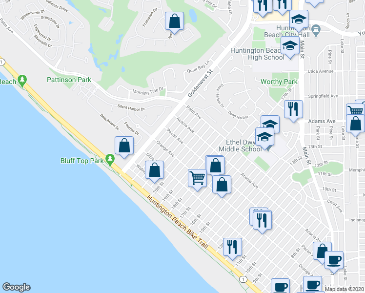 map of restaurants, bars, coffee shops, grocery stores, and more near 425 21st Street in Huntington Beach