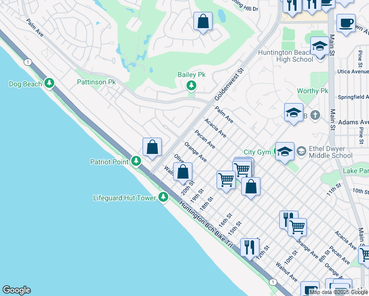map of restaurants, bars, coffee shops, grocery stores, and more near 401 22nd Street in Huntington Beach