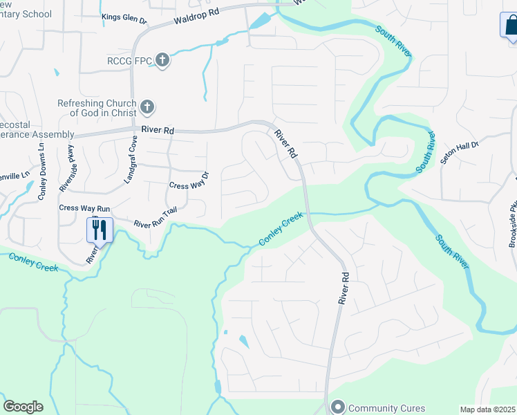 map of restaurants, bars, coffee shops, grocery stores, and more near 3535 River Road in Ellenwood