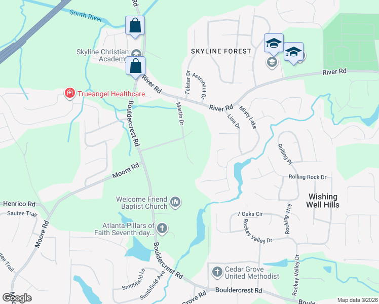 map of restaurants, bars, coffee shops, grocery stores, and more near 3840 Martin Drive in Ellenwood