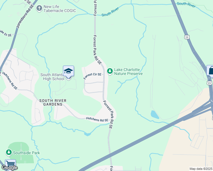 map of restaurants, bars, coffee shops, grocery stores, and more near 3080 Forrest Park Road Southeast in Atlanta