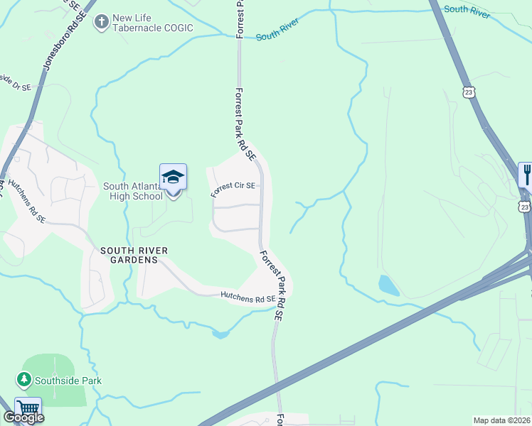 map of restaurants, bars, coffee shops, grocery stores, and more near 3075 Forrest Park Road Southeast in Atlanta