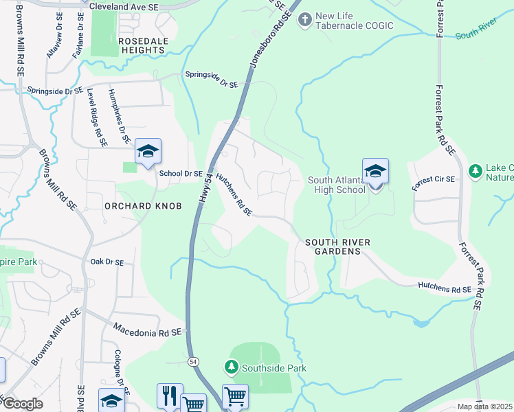 map of restaurants, bars, coffee shops, grocery stores, and more near 592 Waynes Court Southeast in Atlanta
