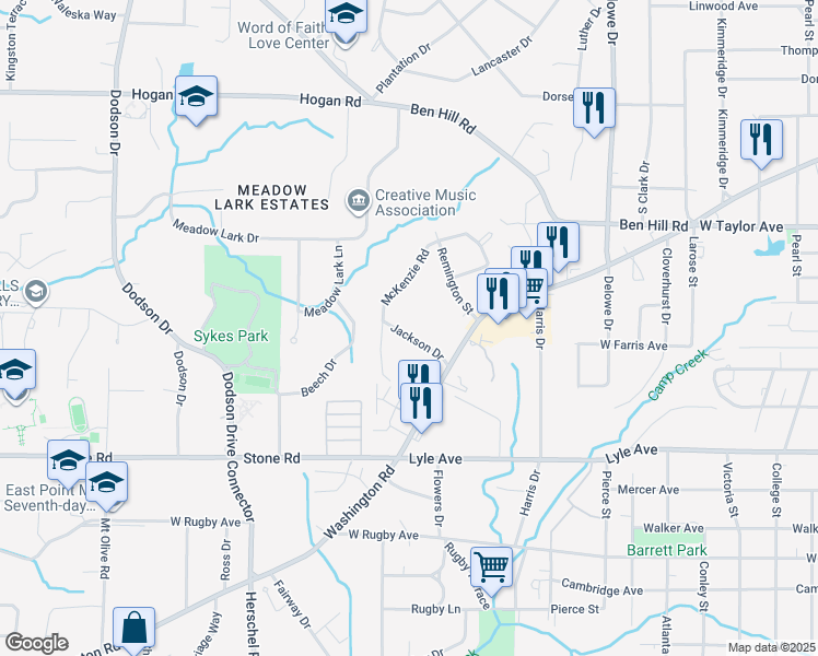 map of restaurants, bars, coffee shops, grocery stores, and more near 2341 Jackson Drive in East Point