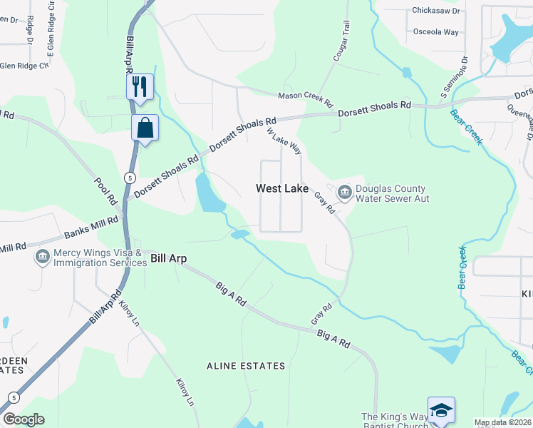 map of restaurants, bars, coffee shops, grocery stores, and more near 4977 Pebblebrook Drive in Douglasville