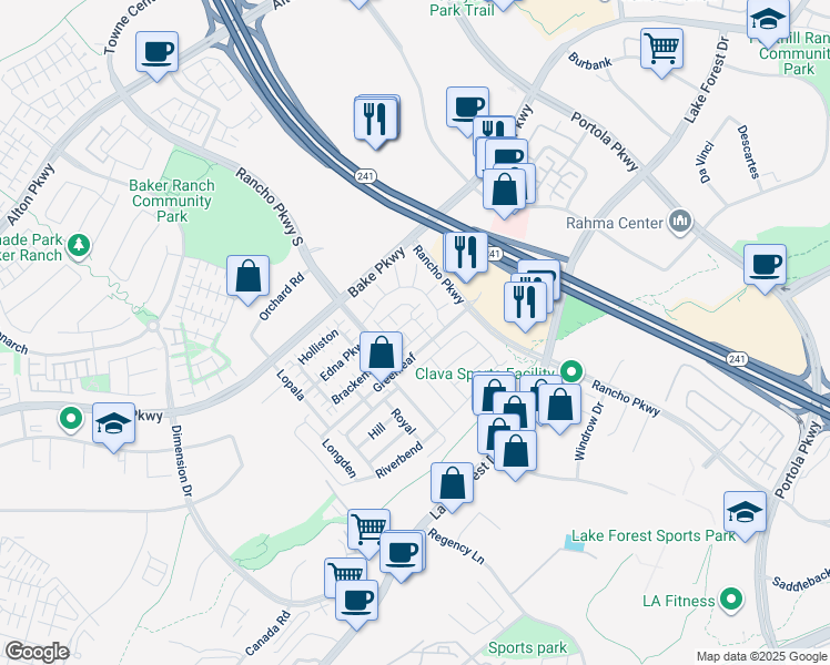 map of restaurants, bars, coffee shops, grocery stores, and more near 211 Pin Lane in Lake Forest