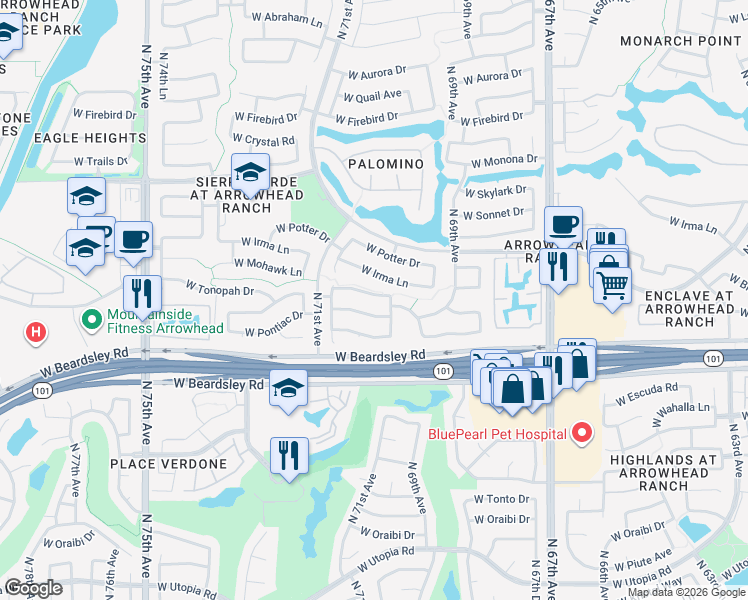 map of restaurants, bars, coffee shops, grocery stores, and more near 7017 West Tonopah Drive in Glendale