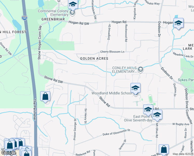 map of restaurants, bars, coffee shops, grocery stores, and more near 3024 Green Valley Drive in East Point