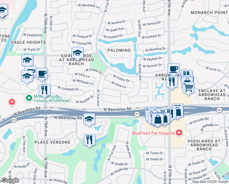 map of restaurants, bars, coffee shops, grocery stores, and more near 7017 West Tonopah Drive in Glendale