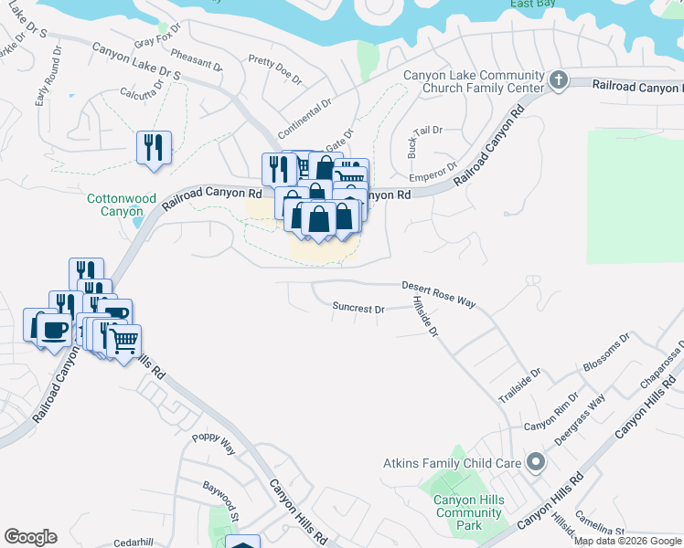 map of restaurants, bars, coffee shops, grocery stores, and more near 35610 Desert Rose Way in Lake Elsinore
