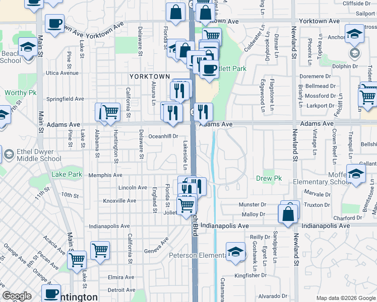map of restaurants, bars, coffee shops, grocery stores, and more near 8052 Centerstone Drive in Huntington Beach