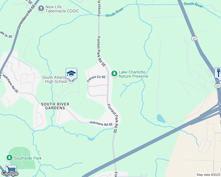 map of restaurants, bars, coffee shops, grocery stores, and more near 3080 Forrest Park Road Southeast in Atlanta