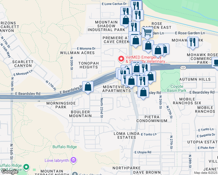 map of restaurants, bars, coffee shops, grocery stores, and more near 2220 East Beardsley Road in Phoenix