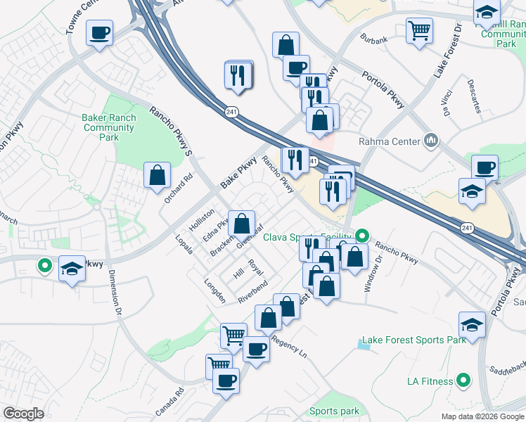 map of restaurants, bars, coffee shops, grocery stores, and more near 211 Pin Lane in Lake Forest