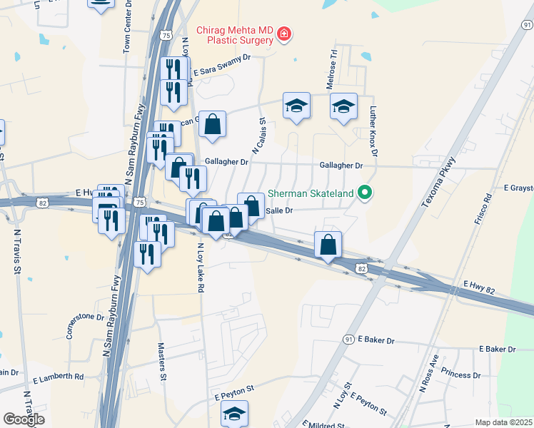 map of restaurants, bars, coffee shops, grocery stores, and more near 3102 Dauphine Drive in Sherman
