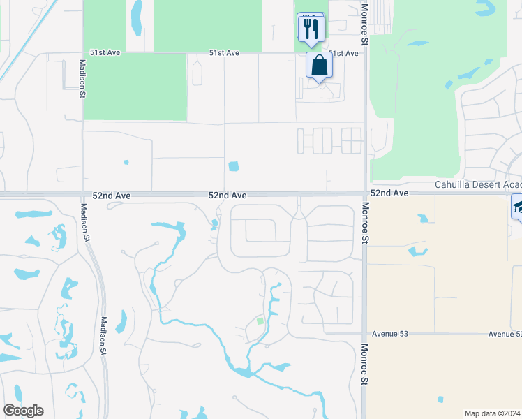 map of restaurants, bars, coffee shops, grocery stores, and more near 81643 Rancho Santana Drive in La Quinta