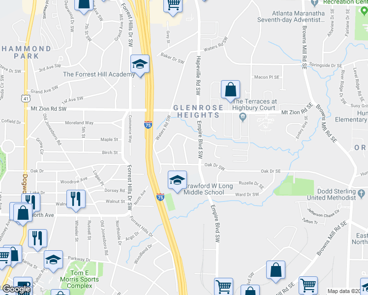 map of restaurants, bars, coffee shops, grocery stores, and more near 3094 Lone Oak Avenue Southwest in Atlanta