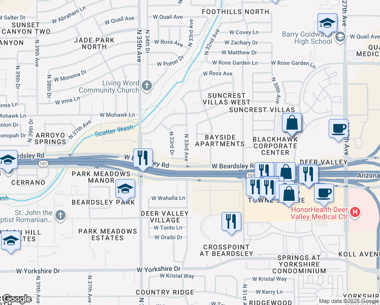 map of restaurants, bars, coffee shops, grocery stores, and more near 20230 North 33rd Avenue in Phoenix