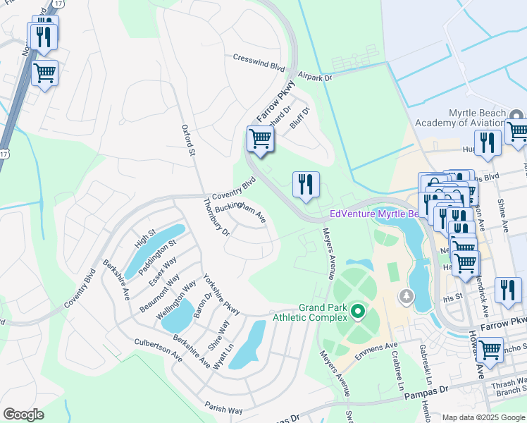 map of restaurants, bars, coffee shops, grocery stores, and more near 1598 Buckingham Avenue in Myrtle Beach