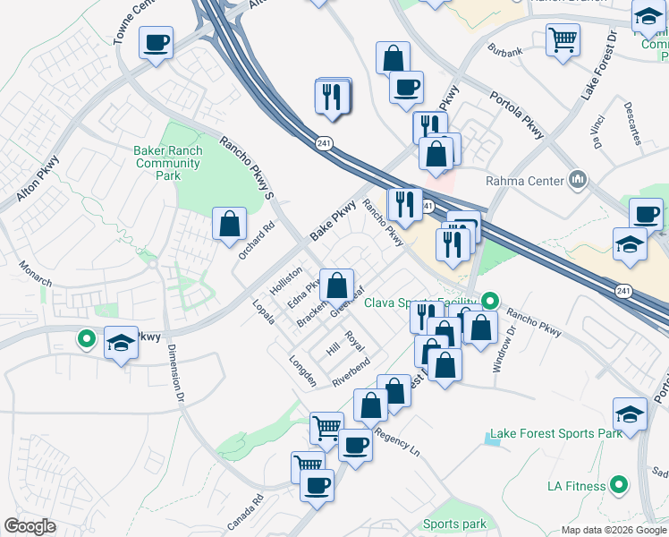 map of restaurants, bars, coffee shops, grocery stores, and more near in Lake Forest