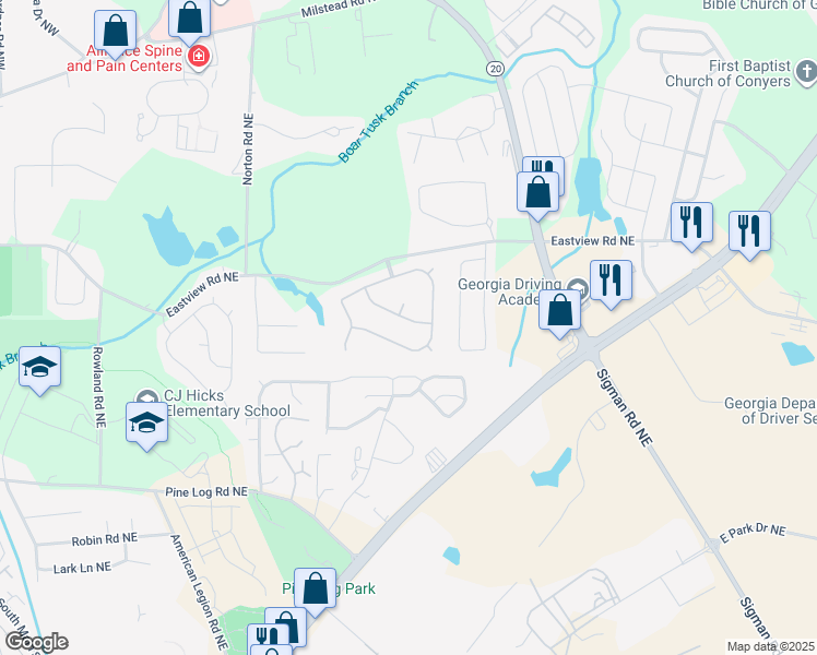 map of restaurants, bars, coffee shops, grocery stores, and more near 1418 White Rocks Way Northeast in Conyers