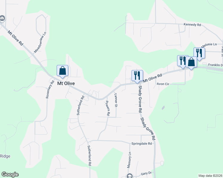 map of restaurants, bars, coffee shops, grocery stores, and more near 2575 Mount Olive Road in Mount Olive