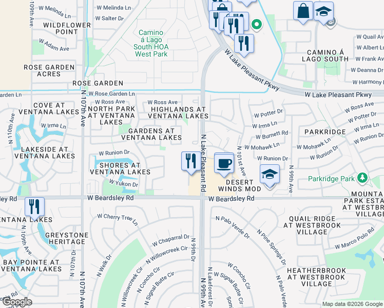 map of restaurants, bars, coffee shops, grocery stores, and more near 20542 North Lake Pleasant Road in Peoria