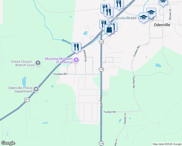 map of restaurants, bars, coffee shops, grocery stores, and more near 94 Crocker Road in Odenville