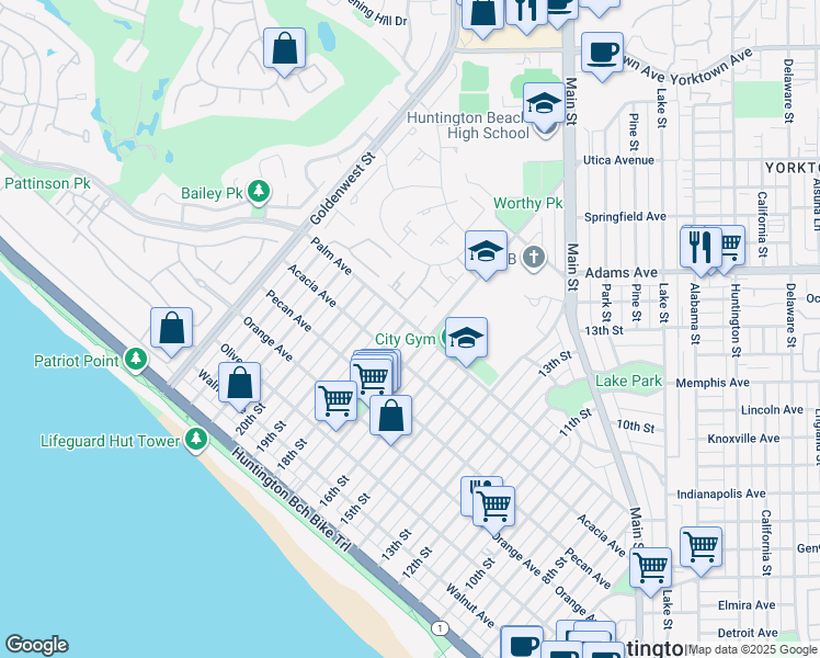 map of restaurants, bars, coffee shops, grocery stores, and more near 628 18th Street in Huntington Beach